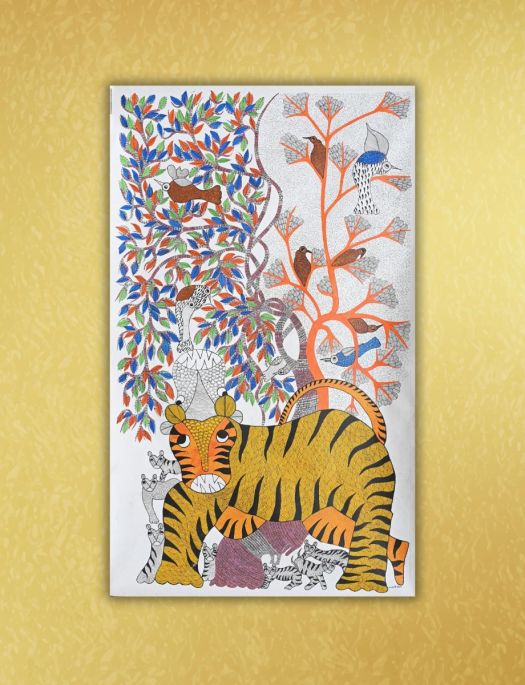 Handmade Tribal Gond painting of Tigress with Her Cubs