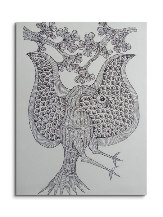 Handmade Tribal Gond painting of Unity of Nature - Bird & Tree