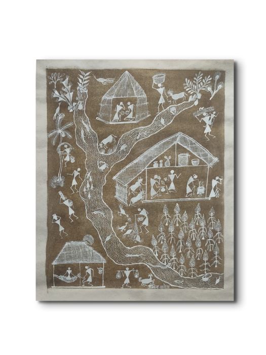 Handmade Tribal Warli painting of a Day in the Village