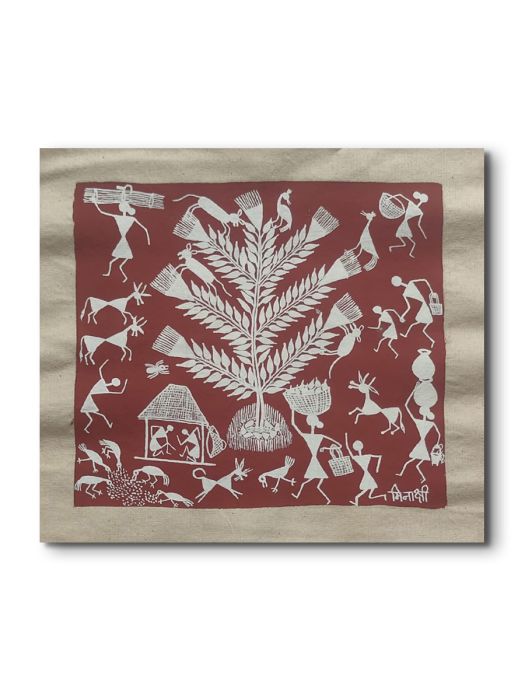 Handmade Tribal Warli painting of the Holy Tree at the Center of Daily Activities