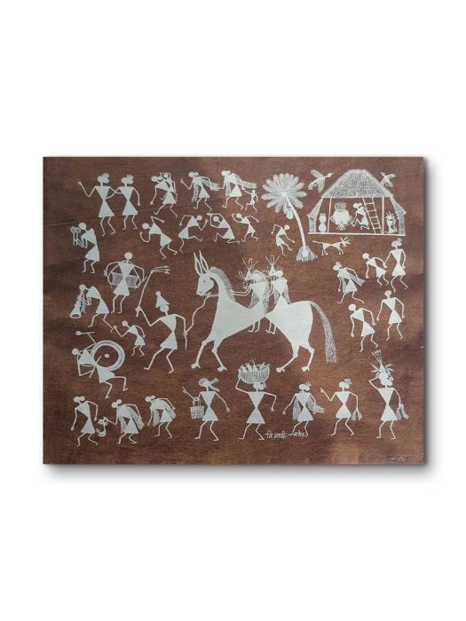 Handmade Tribal Warli painting of a Tribal Wedding