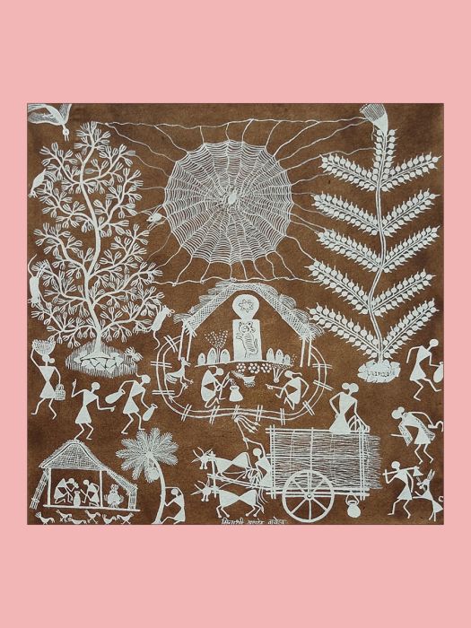 Handmade Tribal Warli Painting of tribals praying to the village deity surrounded by nature