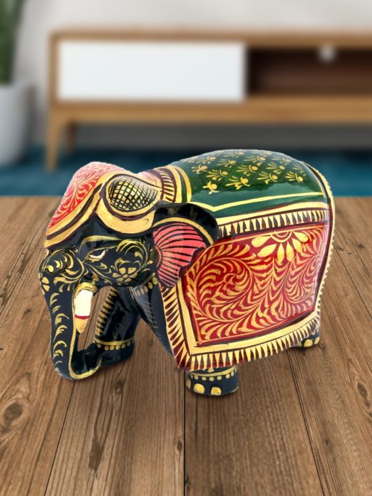 Hand carved Ornate Red & Green Wooden Elephant