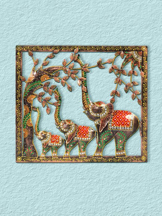 Hand made Rajasthani Wall hanging of an elephant family of three nibbling from a tree